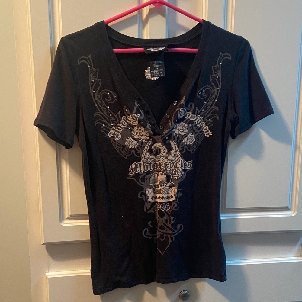 Harley-Davidson Black V-Neck Short Sleeve Graphic Tee